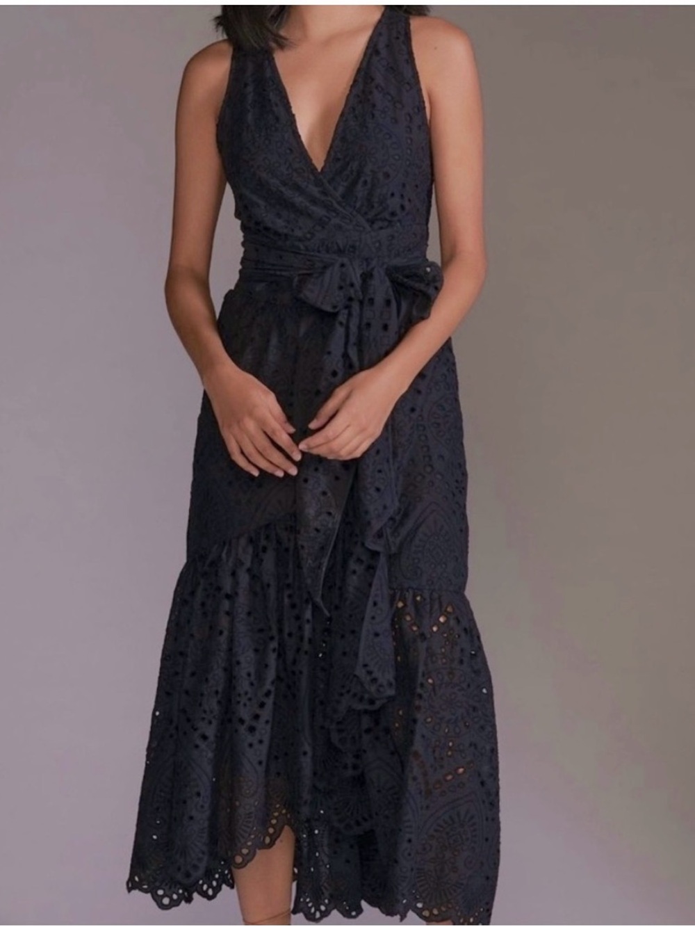 Anthropologie Black Eyelet Wrap Maxi Dress with Tie Waist